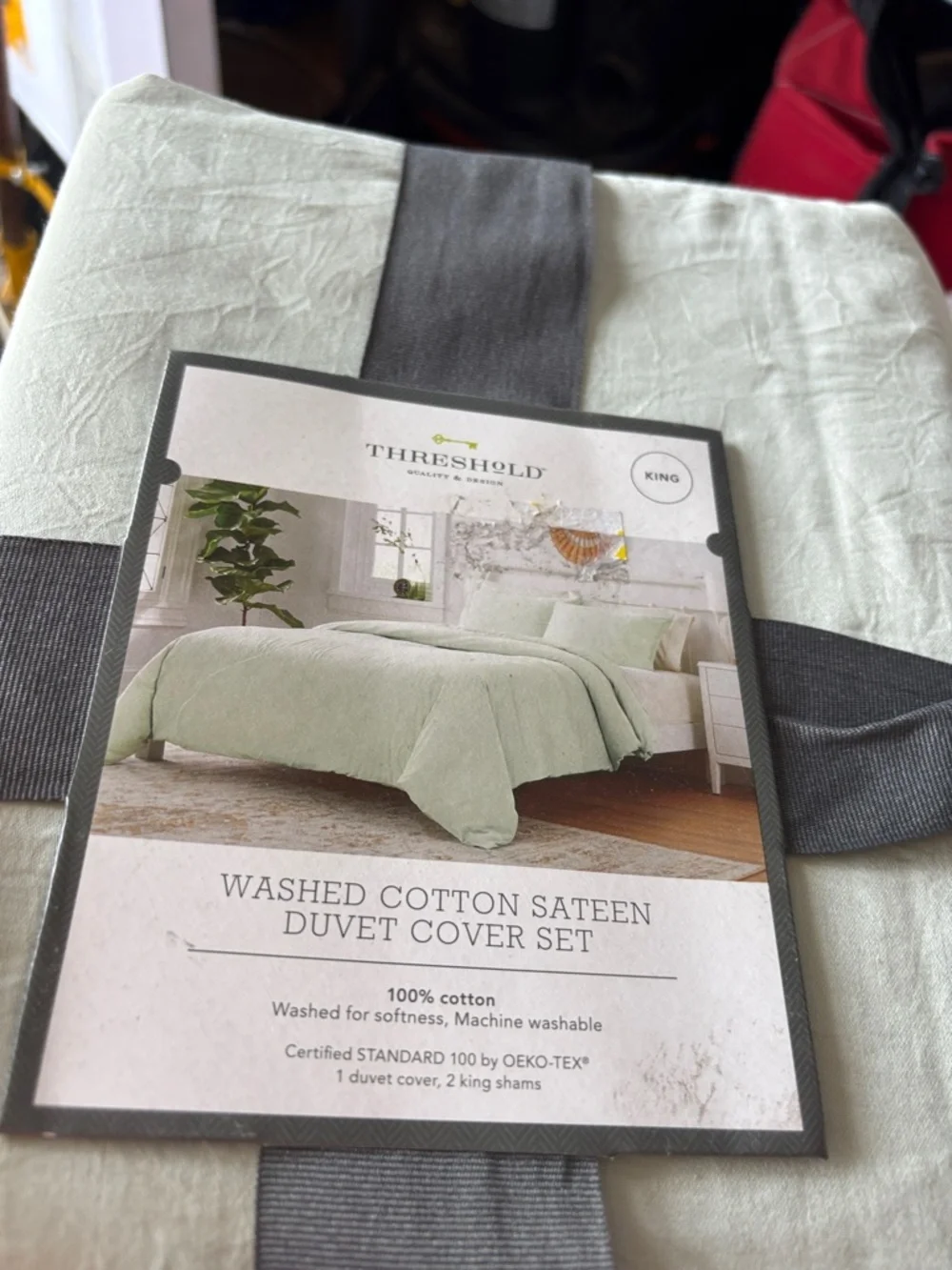 Threshold King 3pc Washed Cotton Sateen Duvet Set Sage Green Shams Soft Bedding